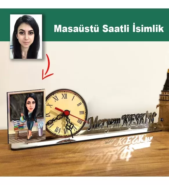 Karikatür Kadın Öğretmen Model Masaüstü Saatli İsimlik Msi15