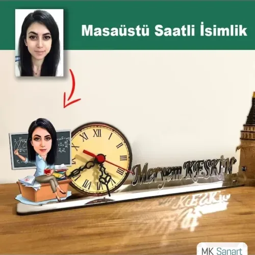 Karikatür Kadın Öğretmen Masaüstü Saatli İsimlik , Sınıfınızı ve Ofisinizi Kişiselleştirin: Kadın Öğretmenler İçin Masaüstü Saatli İsimlik