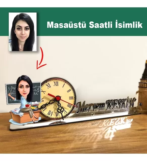 Karikatür Kadın Öğretmen Masaüstü Saatli İsimlik , Sınıfınızı ve Ofisinizi Kişiselleştirin: Kadın Öğretmenler İçin Masaüstü Saatli İsimlik