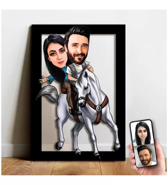 Karikatür Sevgili, At Binen Çift,Gelin Damat, Evli Tablo Hediye Model-11