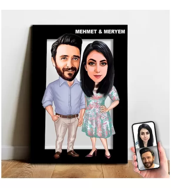 Karikatür Sevgili, Çift,Gelin Damat, Evli Tablo Hediye Model-7