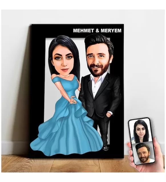 Karikatür Sevgili, Çift,Gelin Damat, Evli Tablo Hediye Model-8
