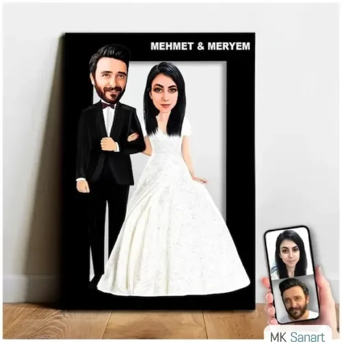 Karikatür Sevgili, Çift,Gelin Damat, Evli Tablo Hediye Model-9