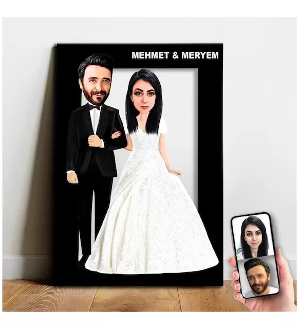 Karikatür Sevgili, Çift,Gelin Damat, Evli Tablo Hediye Model-9