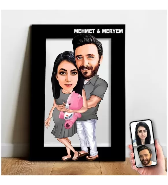 Karikatür Sevgili, Hamile, Evli Tablo Hediye Model-4