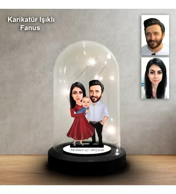 Kişiye Özel Aile Tasarımlı Işıklı Karikatür Fanus Biblo Fn194
