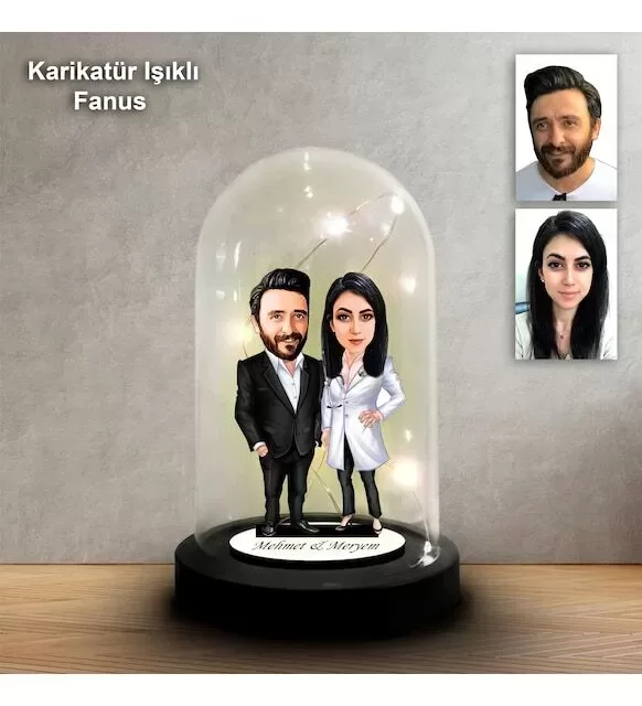 Kişiye Özel Aile Tasarımlı Işıklı Karikatür Fanus Biblo Fn200