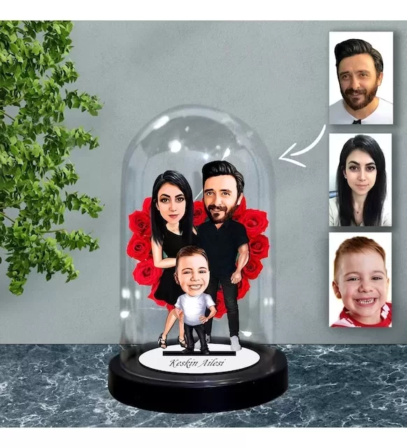 Kişiye Özel Aile Tasarımlı Işıklı Karikatür Fanus Biblo Fn71