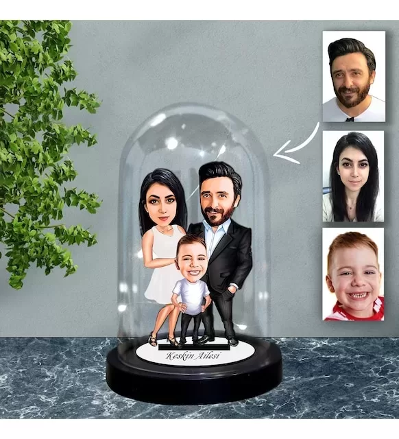 Kişiye Özel Aile Tasarımlı Işıklı Karikatür Fanus Biblo Fn73