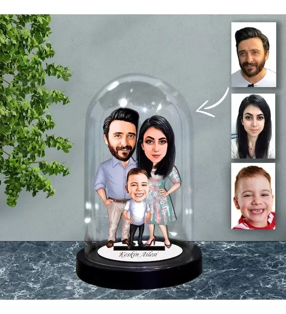 Kişiye Özel Aile Tasarımlı Işıklı Karikatür Fanus Biblo Fn74