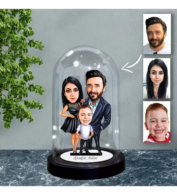 Kişiye Özel Aile Tasarımlı Işıklı Karikatür Fanus Biblo Fn75