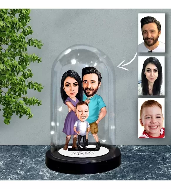 Kişiye Özel Aile Tasarımlı Işıklı Karikatür Fanus Biblo Fn76