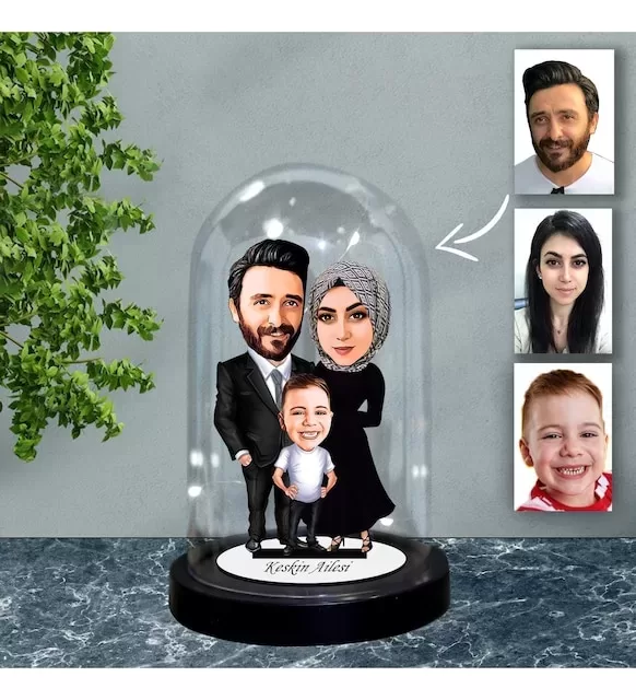 Kişiye Özel Aile Tasarımlı Işıklı Karikatür Fanus Biblo Fn77