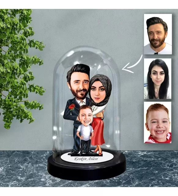 Kişiye Özel Aile Tasarımlı Işıklı Karikatür Fanus Biblo Fn78
