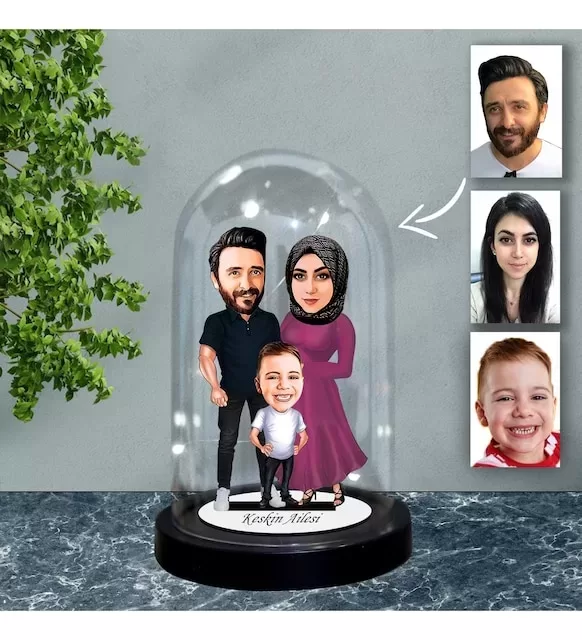 Kişiye Özel Aile Tasarımlı Işıklı Karikatür Fanus Biblo Fn80