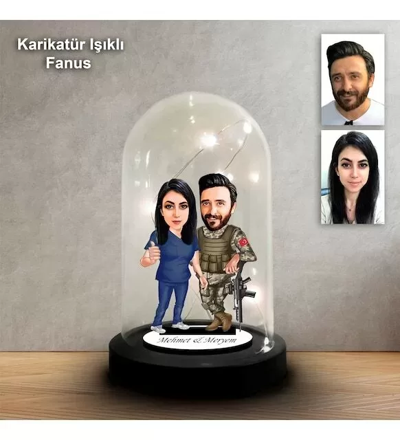 Kişiye Özel Asker,Hemşire Tasarımlı Işıklı Karikatür Fanus Biblo Fn201