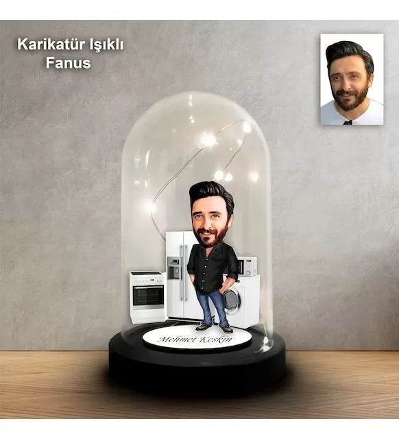 Kişiye Özel Beyaz Eşya Tasarımlı Işıklı Karikatür Fanus Biblo Fn120