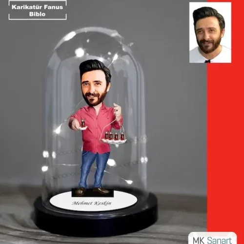 Kişiye Özel Çaycı Tasarımlı Işıklı Karikatür Fanus Biblo Fn111