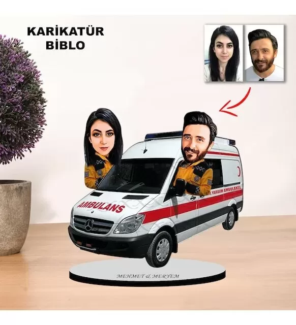 Kişiye Özel Çift Ambulans, Att Tasarımlı Karikatür Biblo Mb11