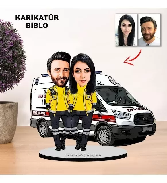 Kişiye Özel Çift Ambulans, Att Tasarımlı Karikatür Biblo Mb12