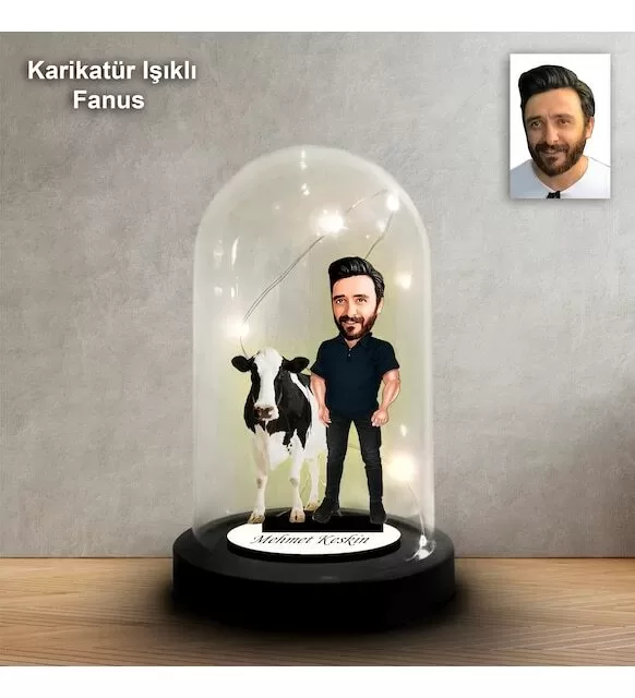 Kişiye Özel Çiftçi,Kasap,Kurbanlık Tasarım Işıklı Karikatür Fanus Biblo Fn168