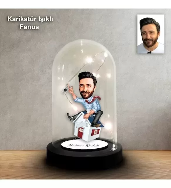 Kişiye Özel Emlakçı Tasarım Işıklı Karikatür Fanus Biblo Fn132