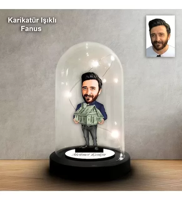 Kişiye Özel Emlakçı Tasarım Işıklı Karikatür Fanus Biblo Fn152