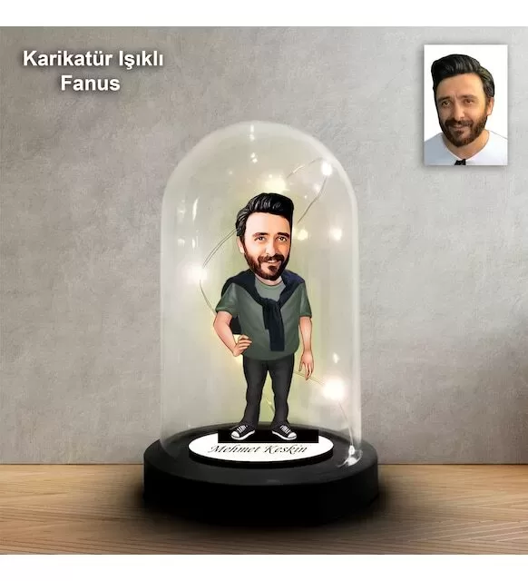 Kişiye Özel Erkek Tasarım Işıklı Karikatür Fanus Biblo Fn170