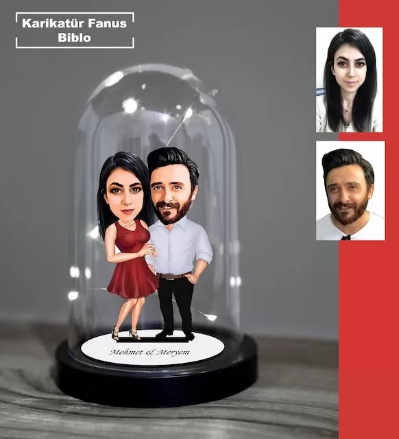 Kişiye Özel Evli, Sevgili, Çift , Gelin Damat Işıklı Karikatür Fanus Biblo Fn12