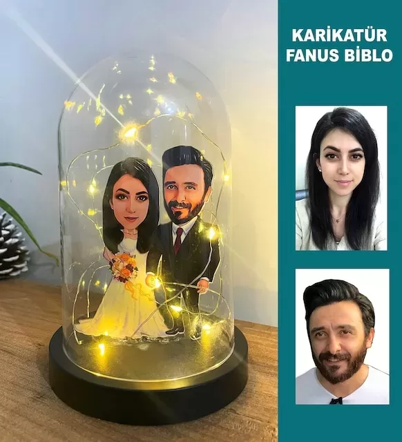 Kişiye Özel Evli, Sevgili, Çift , Gelin Damatışıklı Karikatür Fanus Biblo