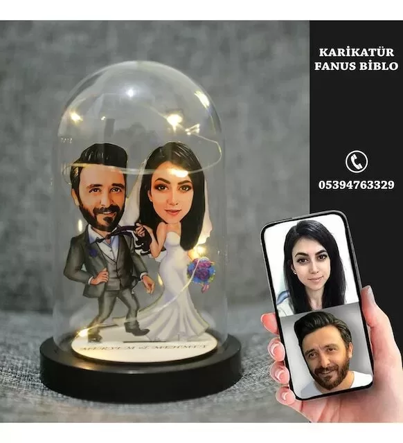 Kişiye Özel Evli, Sevgili, Çift , Gelin Damatışıklı Karikatür Fanus Biblo m9