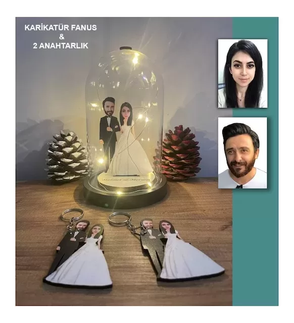 Kişiye Özel Evli, Sevgili, Çift , Gelin Damatışıklı Karikatür Fanus Biblo Ve 2 Anahtarlık Set M6