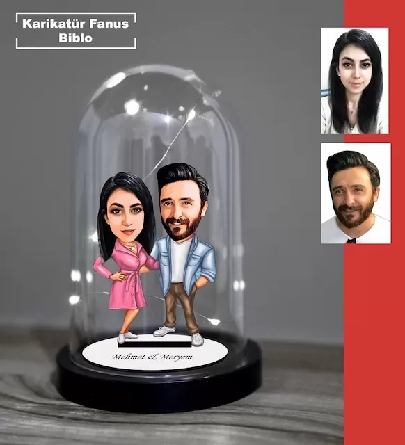 Kişiye Özel Evli, Sevgili, Çift , Gelin Damat Tasarımlı Işıklı Karikatür Fanus Biblo Fn20