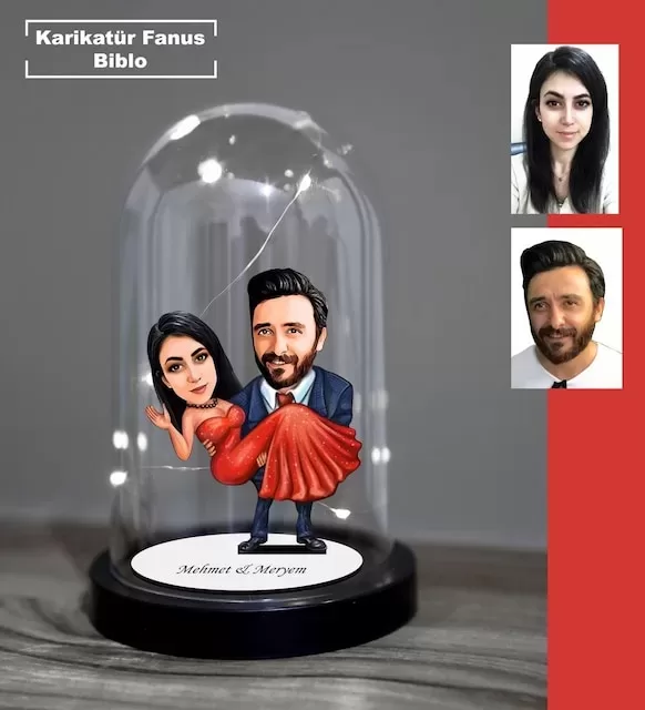 Kişiye Özel Evli, Sevgili, Çift , Gelin Damat Tasarımlı Işıklı Karikatür Fanus Biblo Fn21