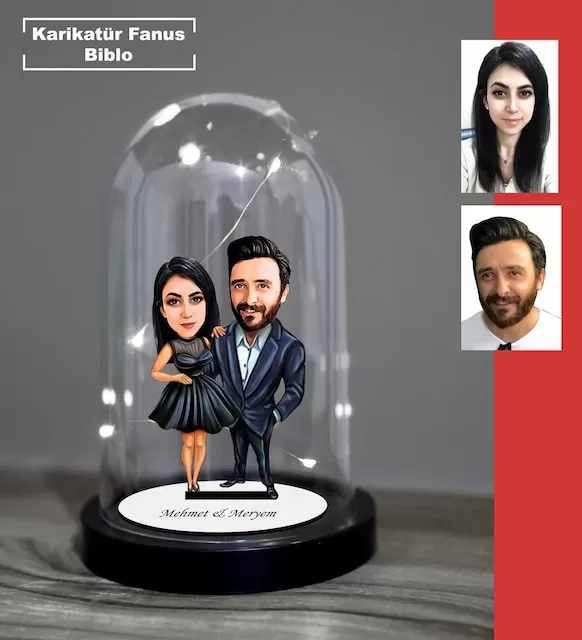 Kişiye Özel Evli, Sevgili, Çift , Gelin Damat Tasarımlı Işıklı Karikatür Fanus Biblo Fn22