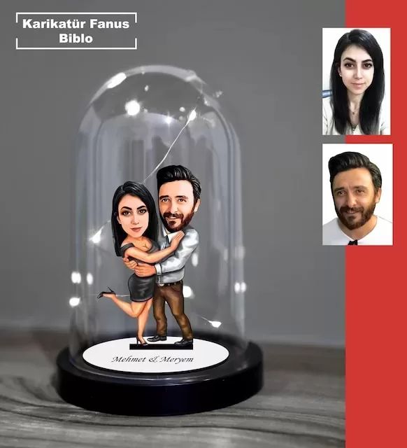 Kişiye Özel Evli, Sevgili, Çift , Gelin Damat Tasarımlı Işıklı Karikatür Fanus Biblo Fn23