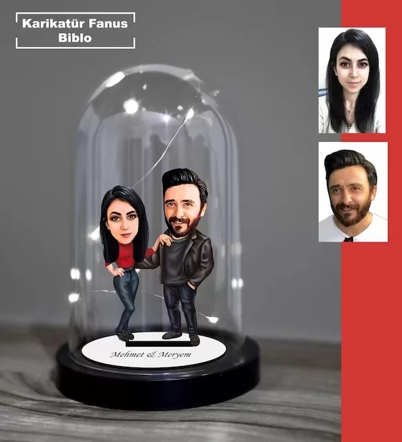 Kişiye Özel Evli, Sevgili, Çift , Gelin Damat Tasarımlı Işıklı Karikatür Fanus Biblo Fn25