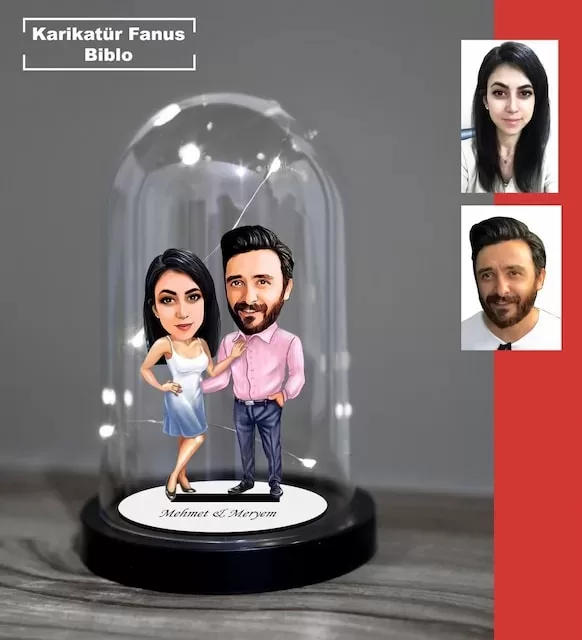 Kişiye Özel Evli, Sevgili, Çift , Gelin Damat Tasarımlı Işıklı Karikatür Fanus Biblo Fn27