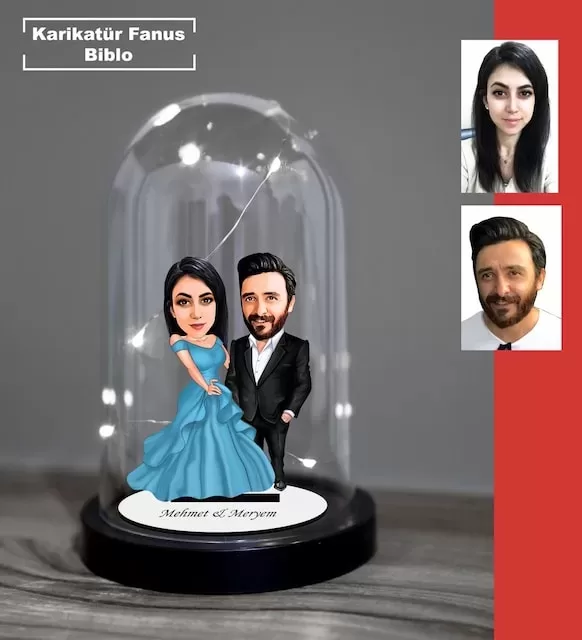 Kişiye Özel Evli, Sevgili, Çift , Gelin Damat Tasarımlı Işıklı Karikatür Fanus Biblo Fn28