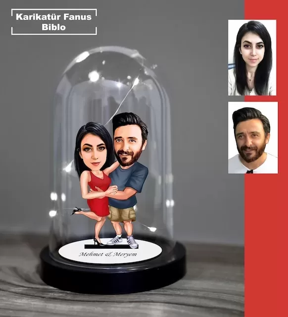 Kişiye Özel Evli, Sevgili, Çift , Gelin Damat Tasarımlı Işıklı Karikatür Fanus Biblo Fn29
