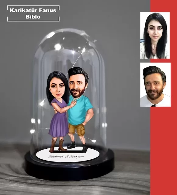 Kişiye Özel Evli, Sevgili, Çift , Gelin Damat Tasarımlı Işıklı Karikatür Fanus Biblo Fn30