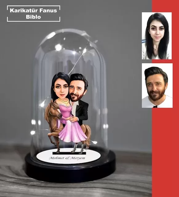 Kişiye Özel Evli, Sevgili, Çift , Gelin Damat Tasarımlı Işıklı Karikatür Fanus Biblo Fn32