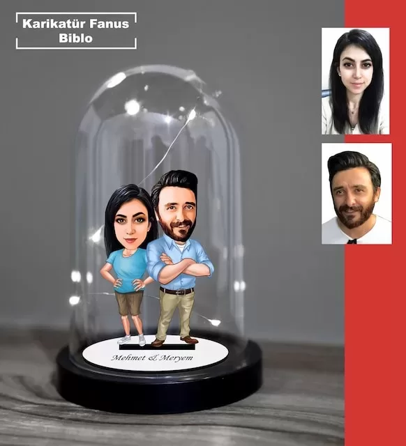 Kişiye Özel Evli, Sevgili, Çift , Gelin Damat Tasarımlı Işıklı Karikatür Fanus Biblo Fn33