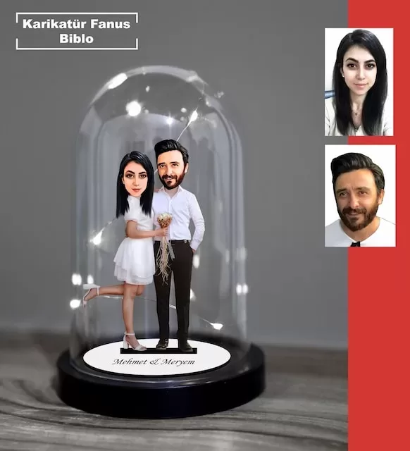 Kişiye Özel Evli, Sevgili, Çift , Gelin Damat Tasarımlı Işıklı Karikatür Fanus Biblo Fn34