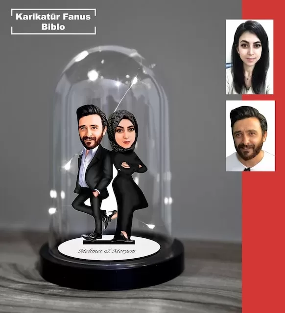 Kişiye Özel Evli, Sevgili, Çift , Gelin Damat Tesettür Tasarımlı Işıklı Karikatür Fanus Biblo Fn15