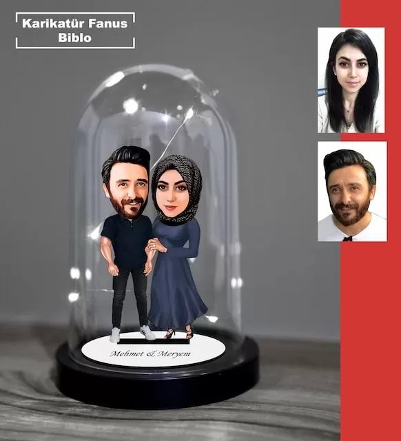 Kişiye Özel Evli, Sevgili, Çift , Gelin Damat Tesettür Tasarımlı Işıklı Karikatür Fanus Biblo Fn17