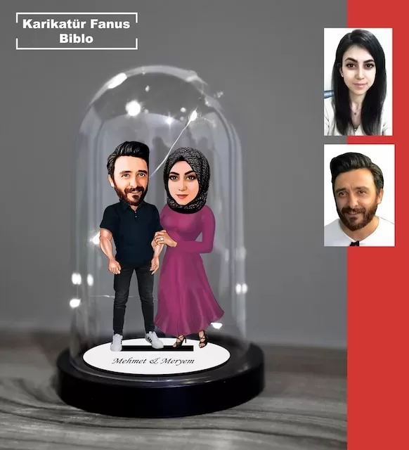 Kişiye Özel Evli, Sevgili, Çift , Gelin Damat Tesettür Tasarımlı Işıklı Karikatür Fanus Biblo Fn19