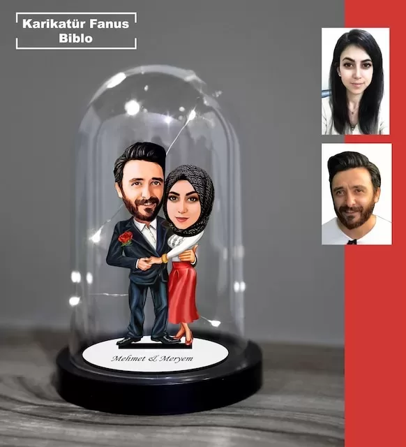 Kişiye Özel Evli, Sevgili, Çift , Gelin Damat Tesettürlü Tasarımlı Işıklı Karikatür Fanus Biblo Fn14