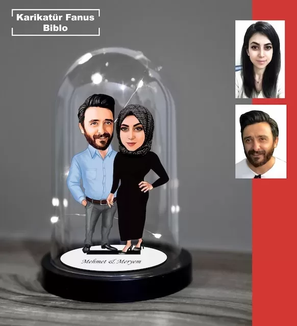 Kişiye Özel Evli, Sevgili, Çift , Gelin Damat Tesettürlü Tasarımlı Işıklı Karikatür Fanus Biblo Fn18