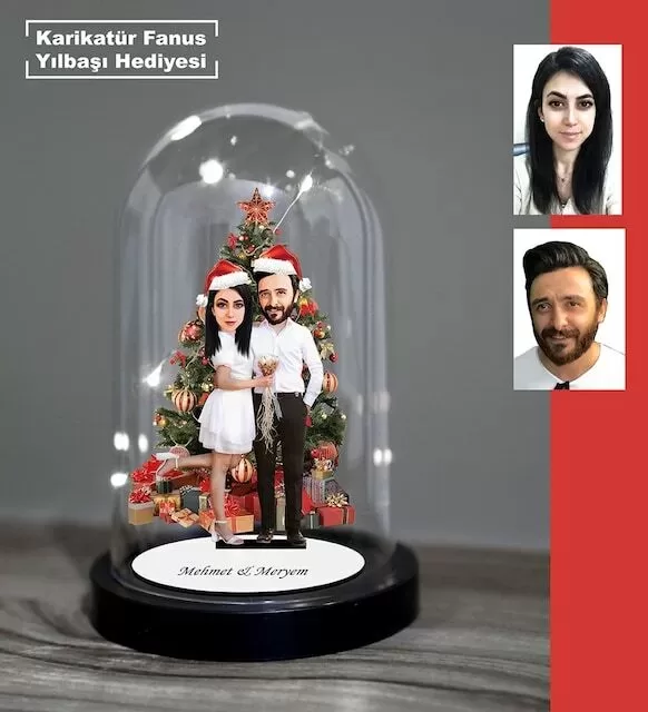 Kişiye Özel Evli, Sevgili, Çift , Gelin Damat , Yılbaşı, Crhtistmas Işıklı Karikatür Fanus Biblo M11